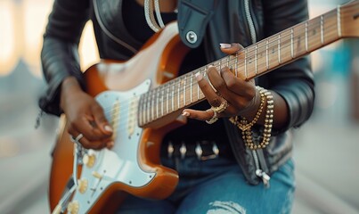Obraz premium Female Street Musician Playing Guitar in Urban Setting
