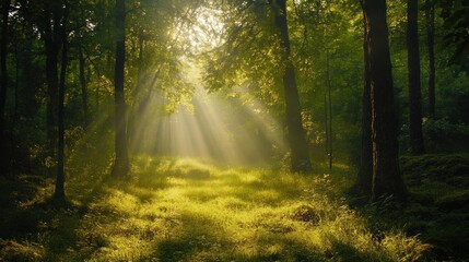 Obraz premium Sunbeams Through the Forest