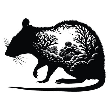 recommend clip art: silhouette of rat filled with underwater view with coral in rough drawing,