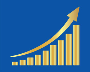 Golden shiny arrow is going up isolated on a blue background. Gold arrow, Vector.Business concept, growing chart. Concept of sales symbol icon with arrow moving up. Economic Arrow With Growing Trend.