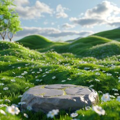 3d render platform and Natural background, Stone podium on dry grassland in the valley for product stand display, advertising, mockup. 