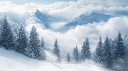 Obraz premium Snowy Mountains with Mist and Pine Trees
