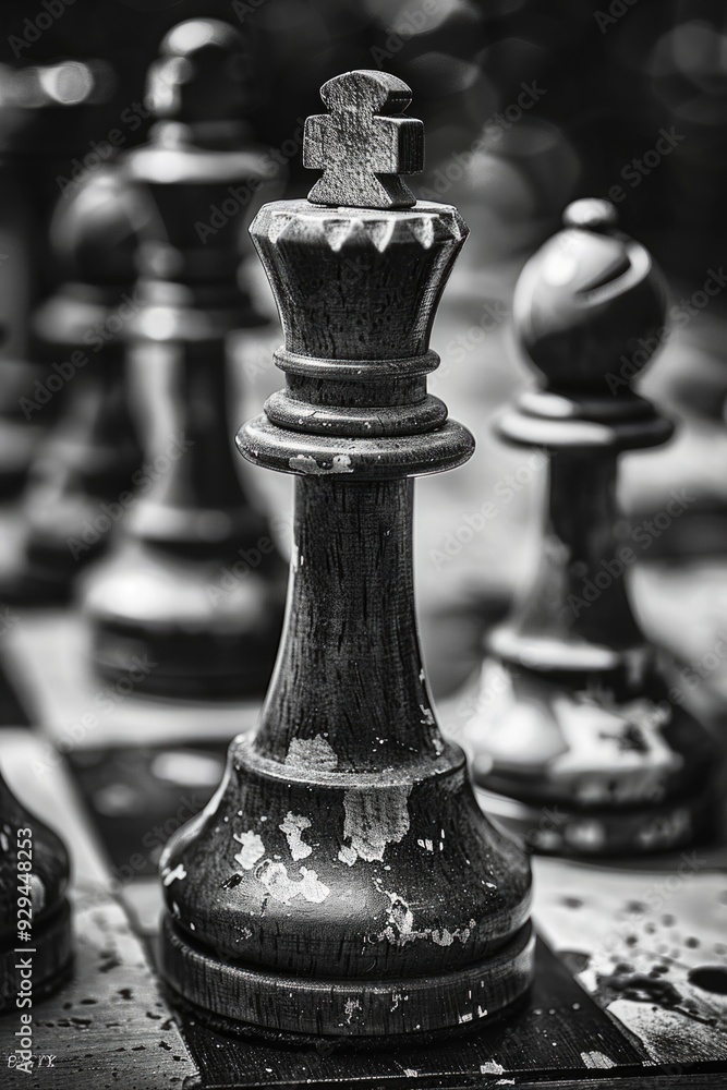 Poster A classic black and white photograph of a chess board, ideal for use in various creative projects