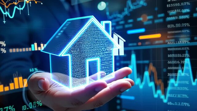 Holographic house hovers over open hand. Background displays financial charts, graphs, and data streams, illustrating real estate market trends and analysis.	