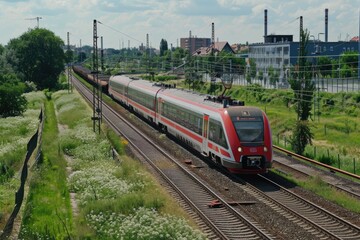 Naklejka premium Train on tracks with red and white colors