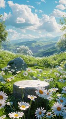 3d render platform and Natural background, Stone podium on dry grassland in the valley for product stand display, advertising, mockup. 