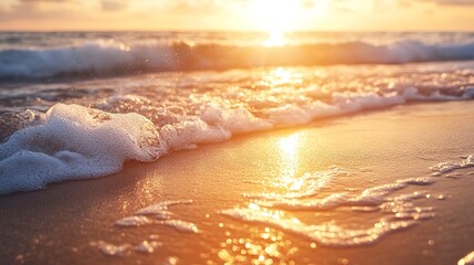 A beautiful sunrise over the ocean, with golden sunlight reflecting on the sand and waves crashing onto it