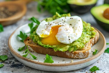 A plate of toast topped with mashed avocado and a poached egg, garnished with herbs.
