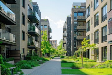 A cityscape image showing a walkway between two buildings with a bench in the middle, perfect for use in urban-themed designs