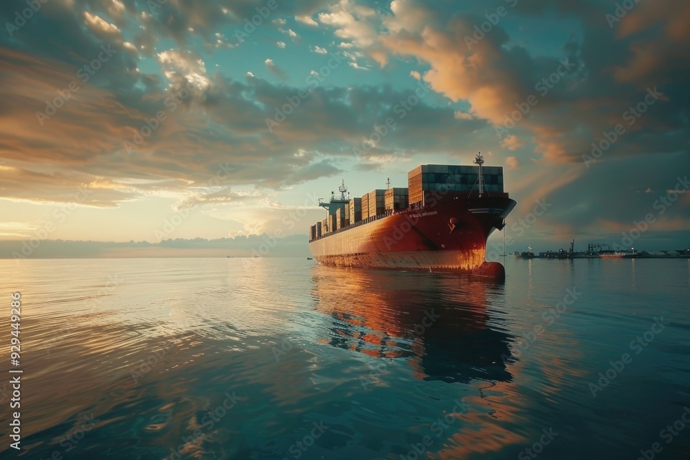 Poster large cargo ship sailing in open ocean with calm waters and clear sky
