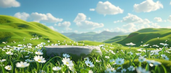 3d render platform and Natural background, Stone podium on dry grassland in the valley for product stand display, advertising, mockup. 