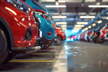 Fototapeta premium Row of parked cars in a parking garage with concrete walls and fluorescent lighting