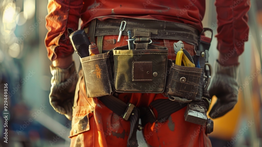 Poster a person wearing a tool belt with various tools, ready for work or diy projects