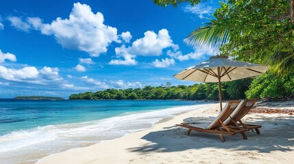 Obraz premium A beach chair reclined under a parasol at a beautiful tropical beach