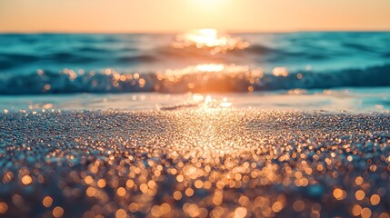 Obraz premium Summer background image of tropical beach with blurred horizon at sunset Light sand of beach against backdrop of sparkling ocean water Natural seascape 