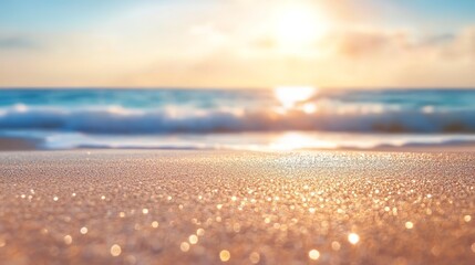 Summer background image of tropical beach with blurred horizon at sunset Light sand of beach against backdrop of sparkling ocean water Natural seascape 