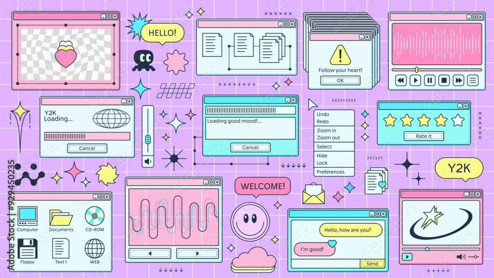 Poster Y2K retro browser windows page of computer interface or PC screen, cartoon vector. Retro 90s Y2K computer display windows of internet browser tabs, loading bar and music player on pink background