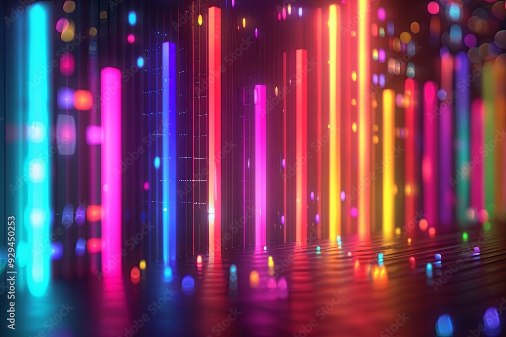 Poster vibrant light beams cast colorful reflections, creating an immersive abstract environment. generativ