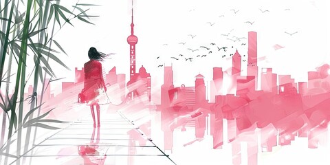 dash of pink, bamboo in city, modern art, woman, happy, business, success, wealth, isolated on a white background