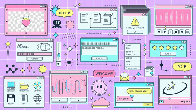 Y2K retro browser windows page of computer interface or PC screen, cartoon vector. Retro 90s Y2K computer display windows of internet browser tabs, loading bar and music player on pink background