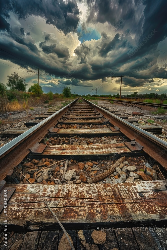 Poster a train track with a cloudy sky in the background