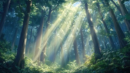Obraz premium Anime ancient forest with towering trees, beams of sunlight filtering through the dense canopy
