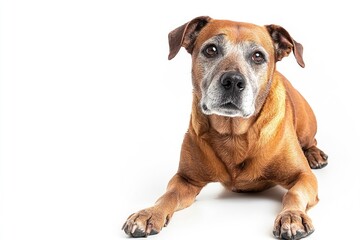 Fototapeta premium Fantastic looking elder dog, sitting side ways one paw lifted looking at camera, isolated on a white background , ai