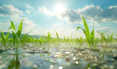 Obraz premium The natural view of the river with clear sky and rice plants beautifies nature Generate AI