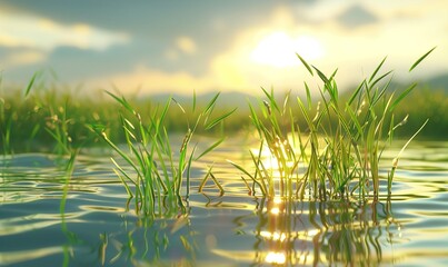 Obraz premium The natural view of the river with clear sky and rice plants beautifies nature Generate AI