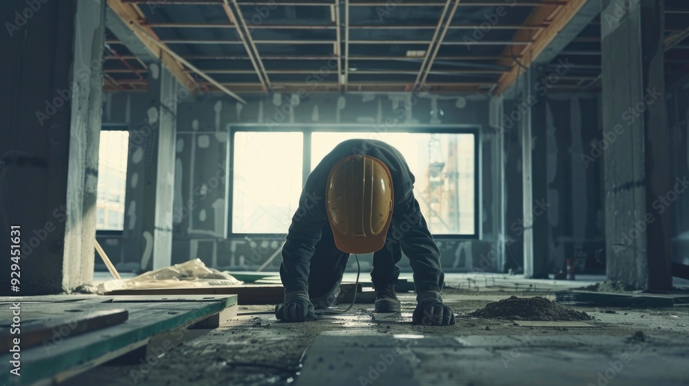 Poster A construction worker bends down to work on a building site, with scaffolding and tools nearby