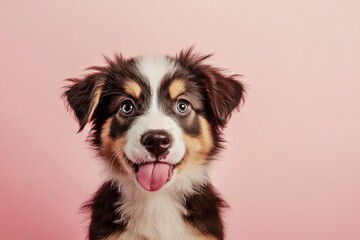 Funny and hungry Australian shepherd puppy dog eating and licking its lips with tongue. Isolated on color pastel background on summer or spring season , ai