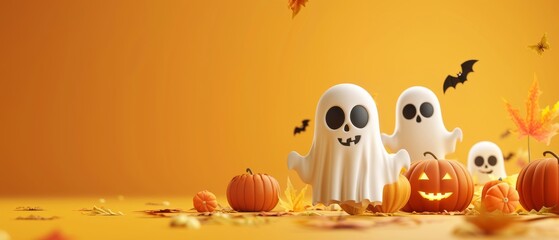 llustration of a halloween ghost and pumpkin face with scary smile on a solid background. Scary carved halloween decoration.