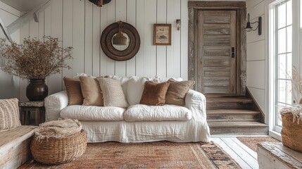 rustic chic farmhouse interior cozy textures vintage accents soft natural light hygge atmosphere neutral color palette
