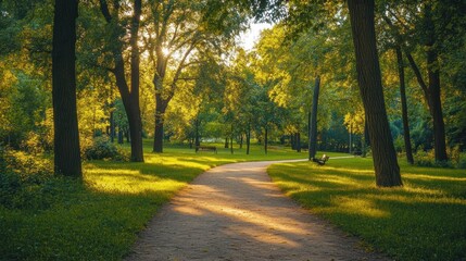Naklejka premium Sunlit Path Through a Tranquil Forest