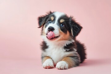 Fototapeta premium Funny and hungry Australian shepherd puppy dog eating and licking its lips with tongue. Isolated on color pastel background on summer or spring season , ai