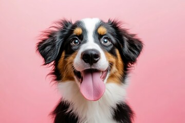 Fototapeta premium Funny and hungry Australian shepherd puppy dog eating and licking its lips with tongue. Isolated on color pastel background on summer or spring season , ai
