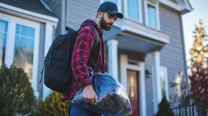 A delivery worker is dropping off food outside a house on a clear day