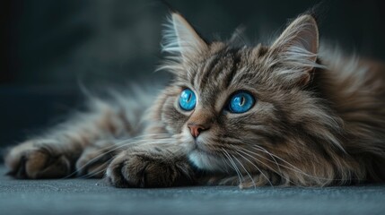 A domestic cat with striking blue eyes relaxing on the floor