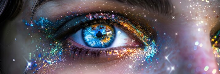 beautiful woman's glowing neon blue eyes 