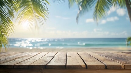 Top of wood table with seascape and palm tree, blur bokeh light of calm sea and sky at tropical beach background