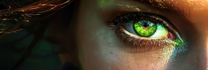 closeup of beautiful woman's glowing neon green eyes 