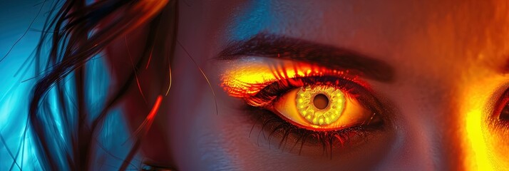 closeup of beautiful woman's glowing neon eyes 