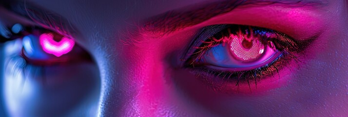 beautiful woman's glowing neon pink eyes 