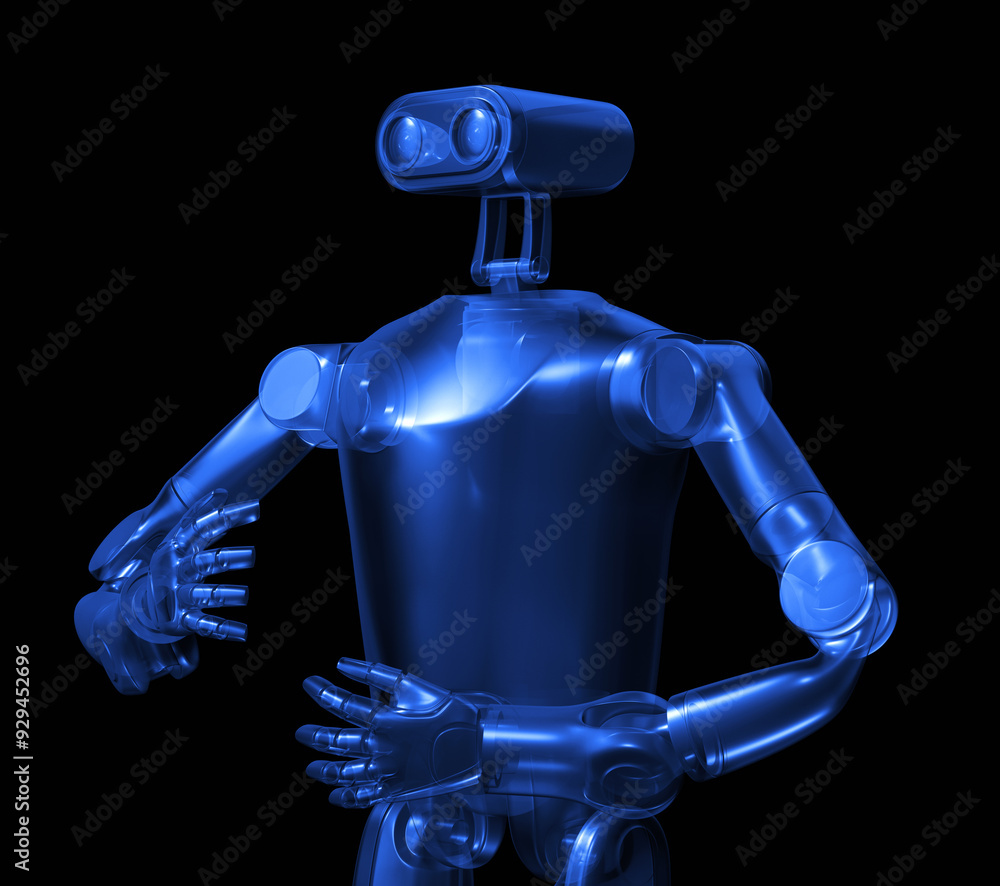 Poster x-ray blue transparent humanoid ai robot on black background. 3d rendering image.