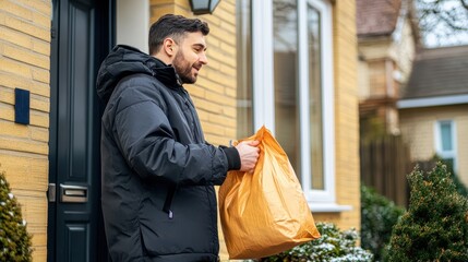 A delivery worker is leaving food by the front door of a home