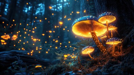 Naklejka premium Anime enchanted forest with glowing mushrooms and fireflies lighting up the night, creating a magical scene