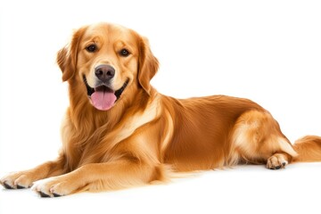 Golden Retriever dog - Canis lupus familiaris - great popular family domestic animal good with children isolated on white background tongue out while , ai