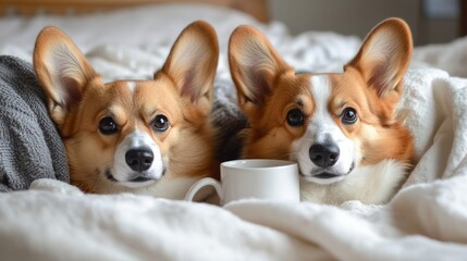 Two Adorable Corgis Relaxing in Bed