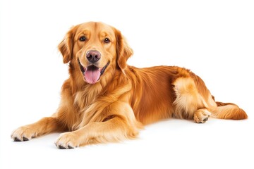 Golden Retriever dog - Canis lupus familiaris - great popular family domestic animal good with children isolated on white background tongue out while , ai