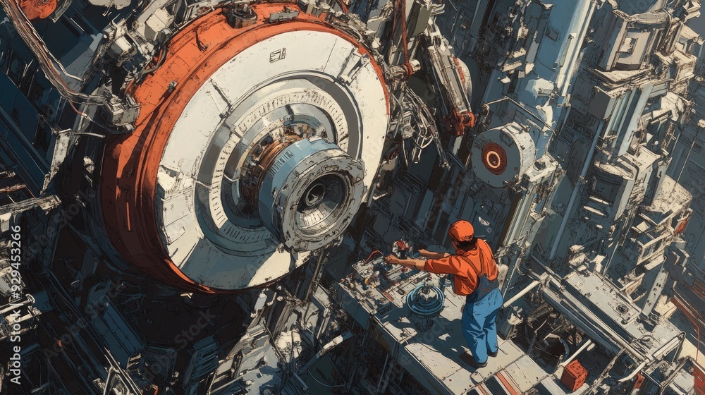Aufkleber anime worker installing large machinery in a factory, demonstrating teamwork and skill